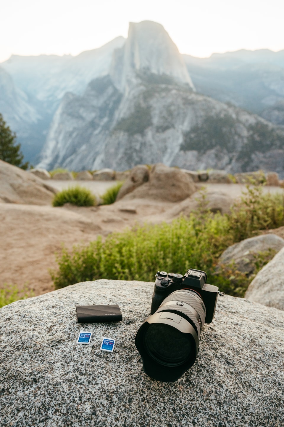 Kamera kallion päällä lepäämässä. Taustalla vuoristomaisema.